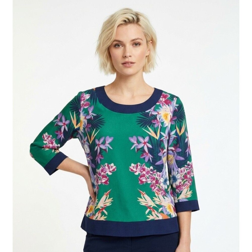 Collective Concepts Womens Blouse L Green Navy Floral Tropical 3/4 Slv boho